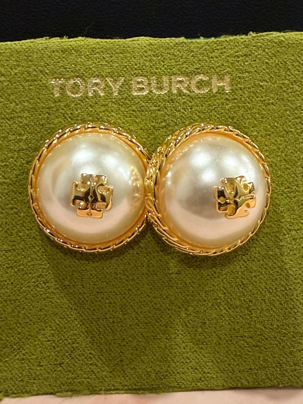 Tory Burch | Gold Plated Icon & Pearl Logo Button Earrings | Medium